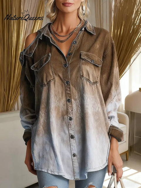 Women's Gradient Collared Long-Sleeved Casual Loose Cotton Shirt