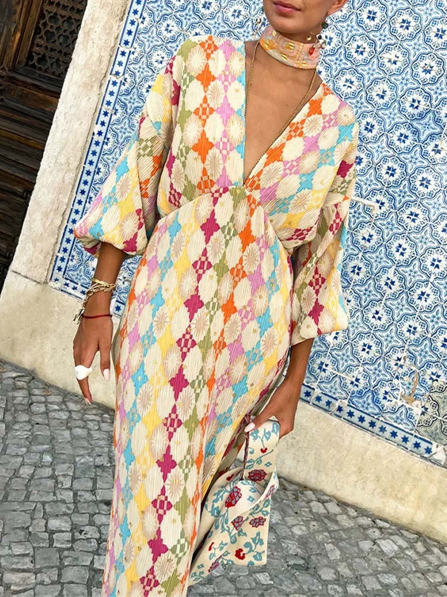 Women's Stylish Print V-neck Casual Lantern Sleeves Elegant Dress