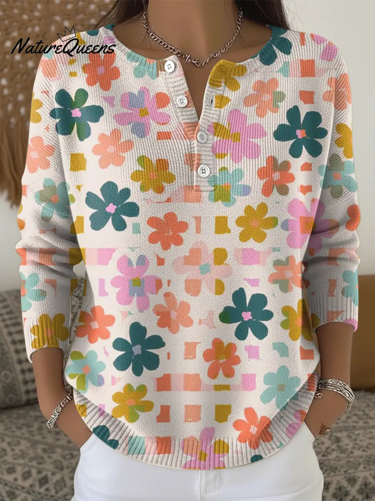 Women's Colorful Checkered Flowers Casual Sweater