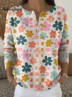 Women's Colorful Checkered Flowers Casual Sweater