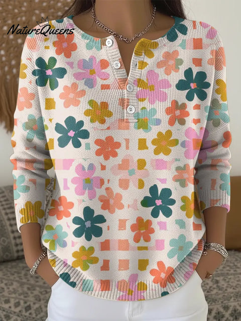 Women's Colorful Checkered Flowers Casual Sweater