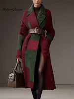 Women's Color-blocked Suit Collar Long Sleeve Casual Loose Long Knit Cardigan