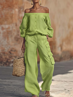Cozy Relaxed Linen-cotton Top And Work Pants Two-piece Set