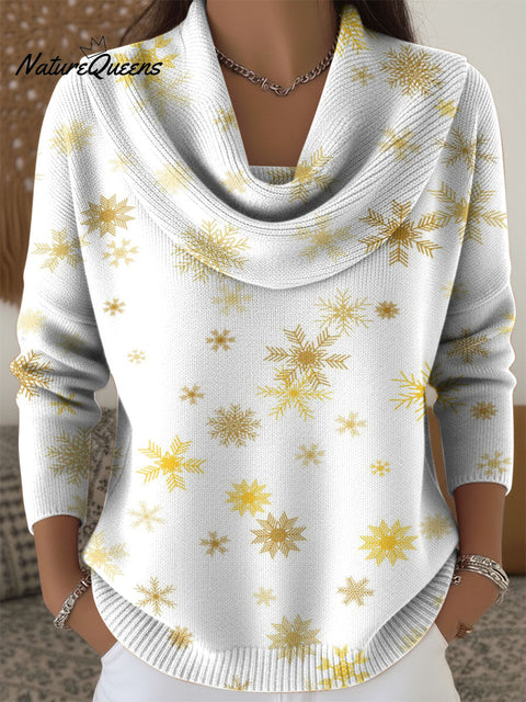 Winter Christmas Gold Snowflake Decoration Pattern Women's Casual Swing Collar Long Sleeve Sweater