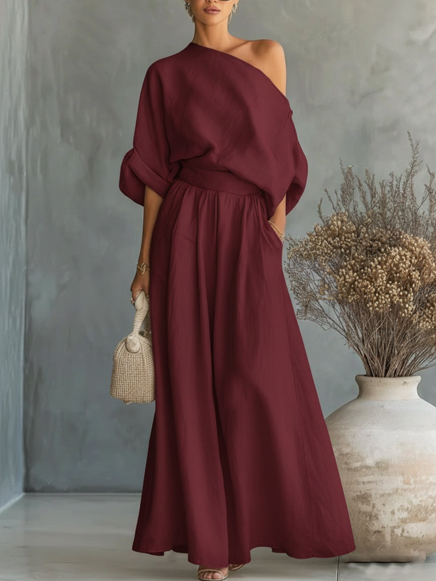 Elegant Off-the-shoulder Shirt And Wide-leg Pants Two-piece Set
