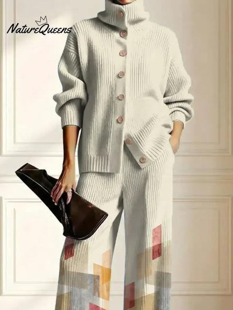 Women's Geometric Art Print Casual Cotton Knitted Suits