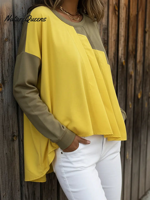 Casual Pleated Color-blocked Crew Neck Loose Sweatshirt