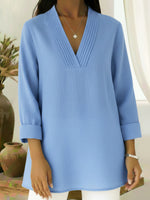 Elegant Pleated V-neck A-line Linen Top