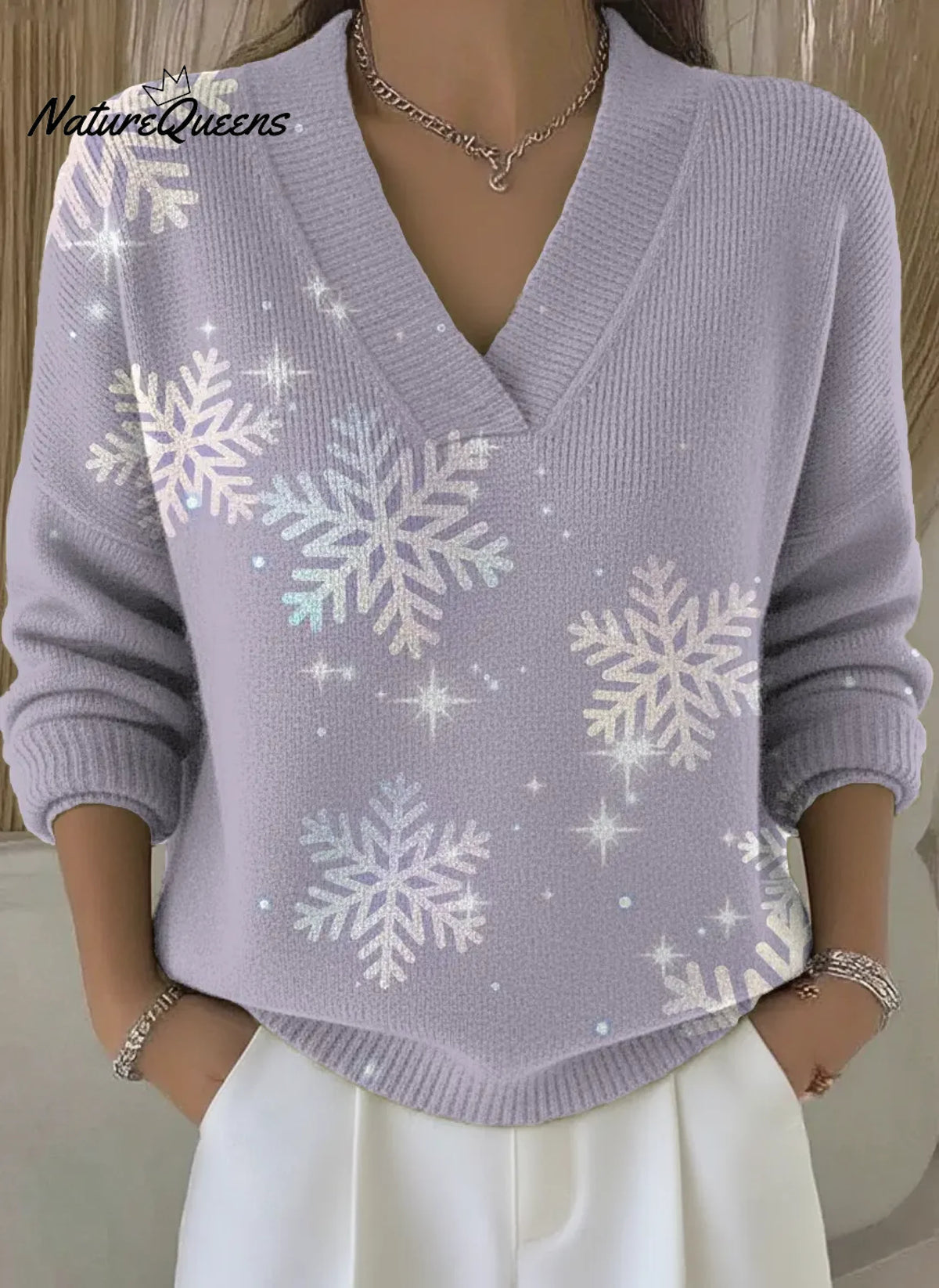 Purple Gradient Snowflake Art Print V-Neck Sweater