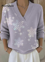 Purple Gradient Snowflake Art Print V-Neck Sweater