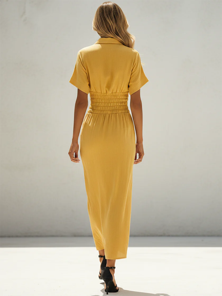 Elegant Lapel-collar Pleated Midi Dress