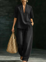 Minimalist Cozy Short-sleeved Top Wide-leg Jeans Denim Set