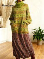 Women's Retro Splicing Colorful Flowers Pattern Art High-neck Long-sleeve Casual Loose Knit Dress