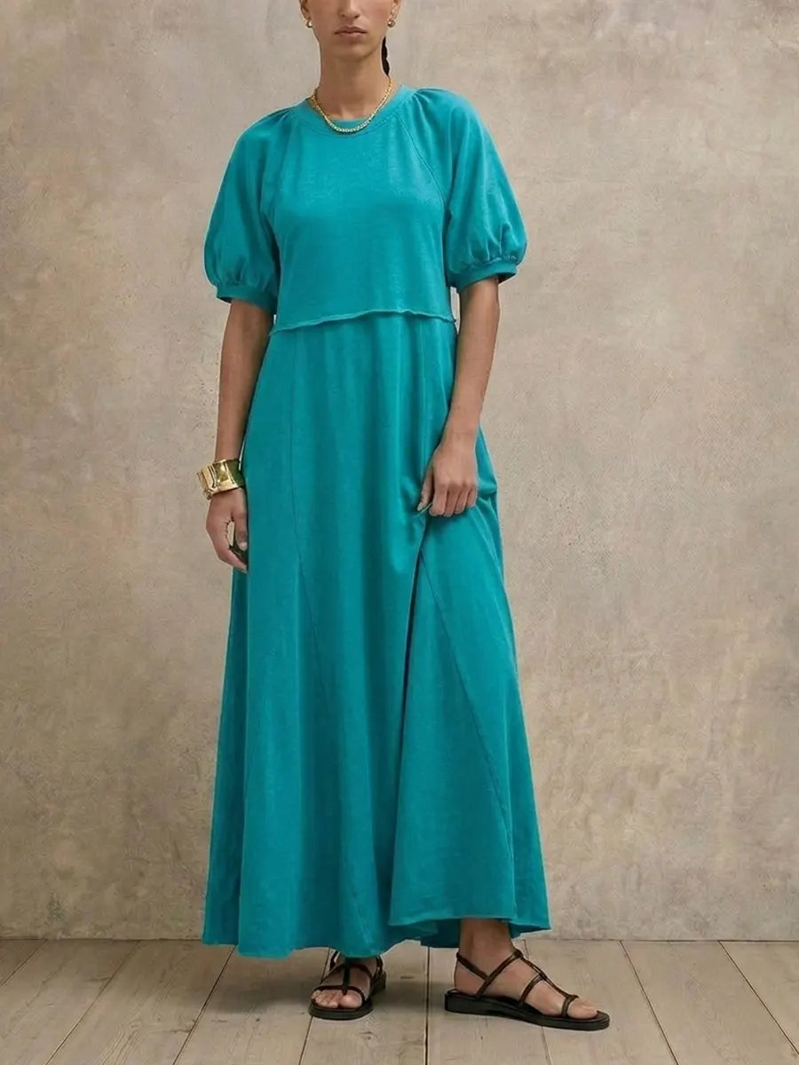Vestido midi maxi de manga corta con corte relajado y mangas raglán, vestido casual de verano con vuelo y corte en A de color liso.