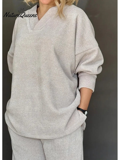 Women's Comfortable Corduroy V-Neck Long-Sleeved Top And Pants Two-Piece Set