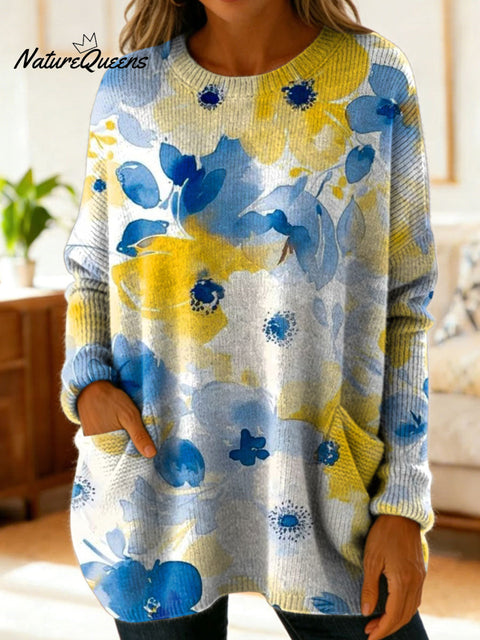 Women's Lovely Floral Flowers Pattern Art Print Casual Cotton Knitted Sweater