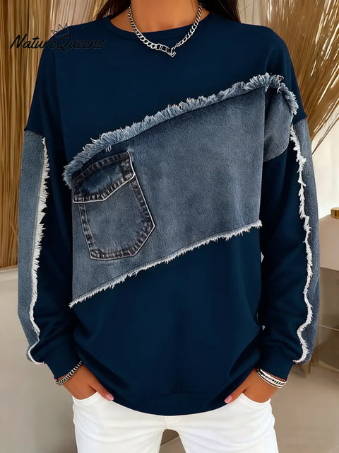 Women's Round Neck Long Sleeve Casual Loose Denim Patchwork Knit Top