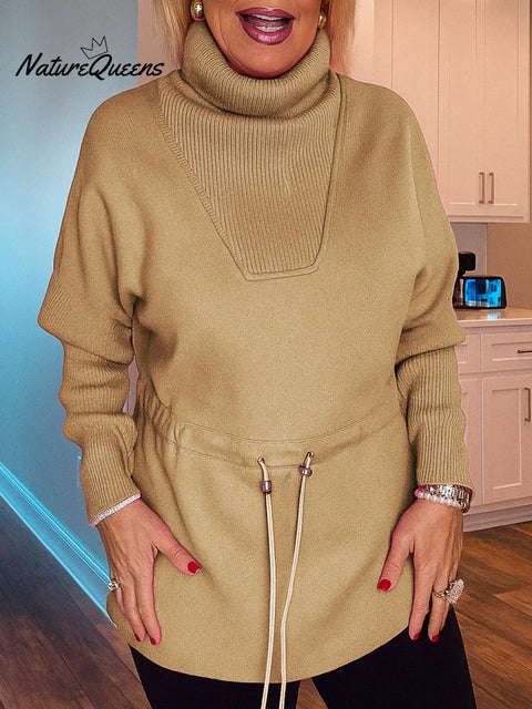 Women's Solid Color Turtleneck Long-sleeved Casual Loose Drawstring Top