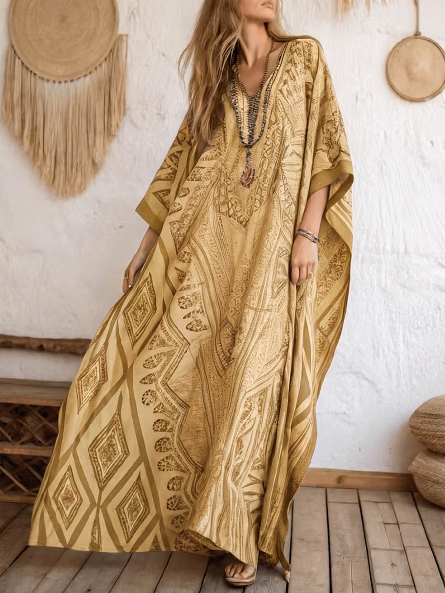 Women's Retro Geometric Print V-neck 3/4-sleeve Casual Loose Cotton-linen Dress
