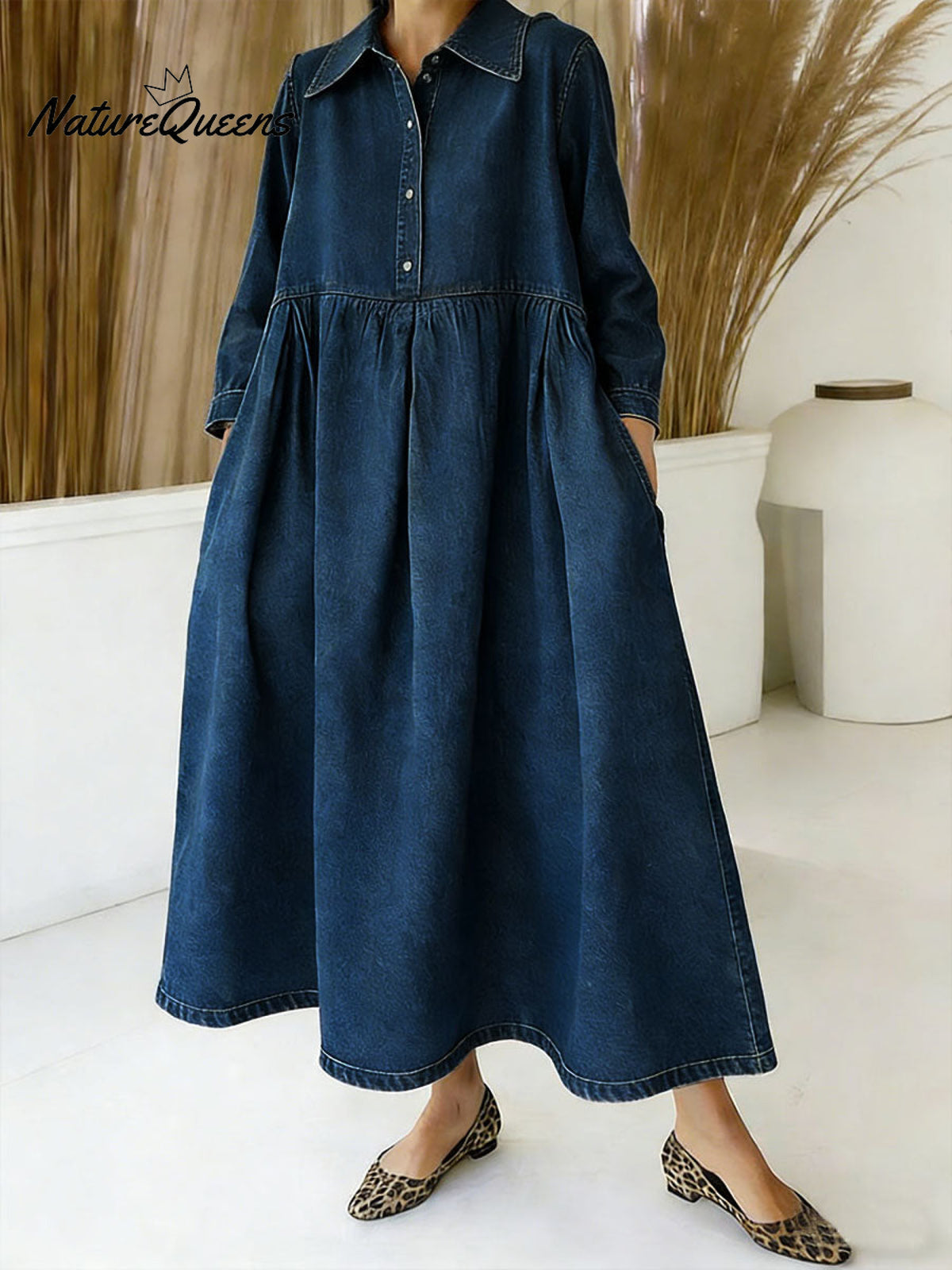 Women's Shirt Collar Long-sleeved Loose-fitting Denim Dress