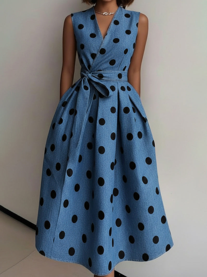 Elegant V-neck Polka Dot Print Denim Dress