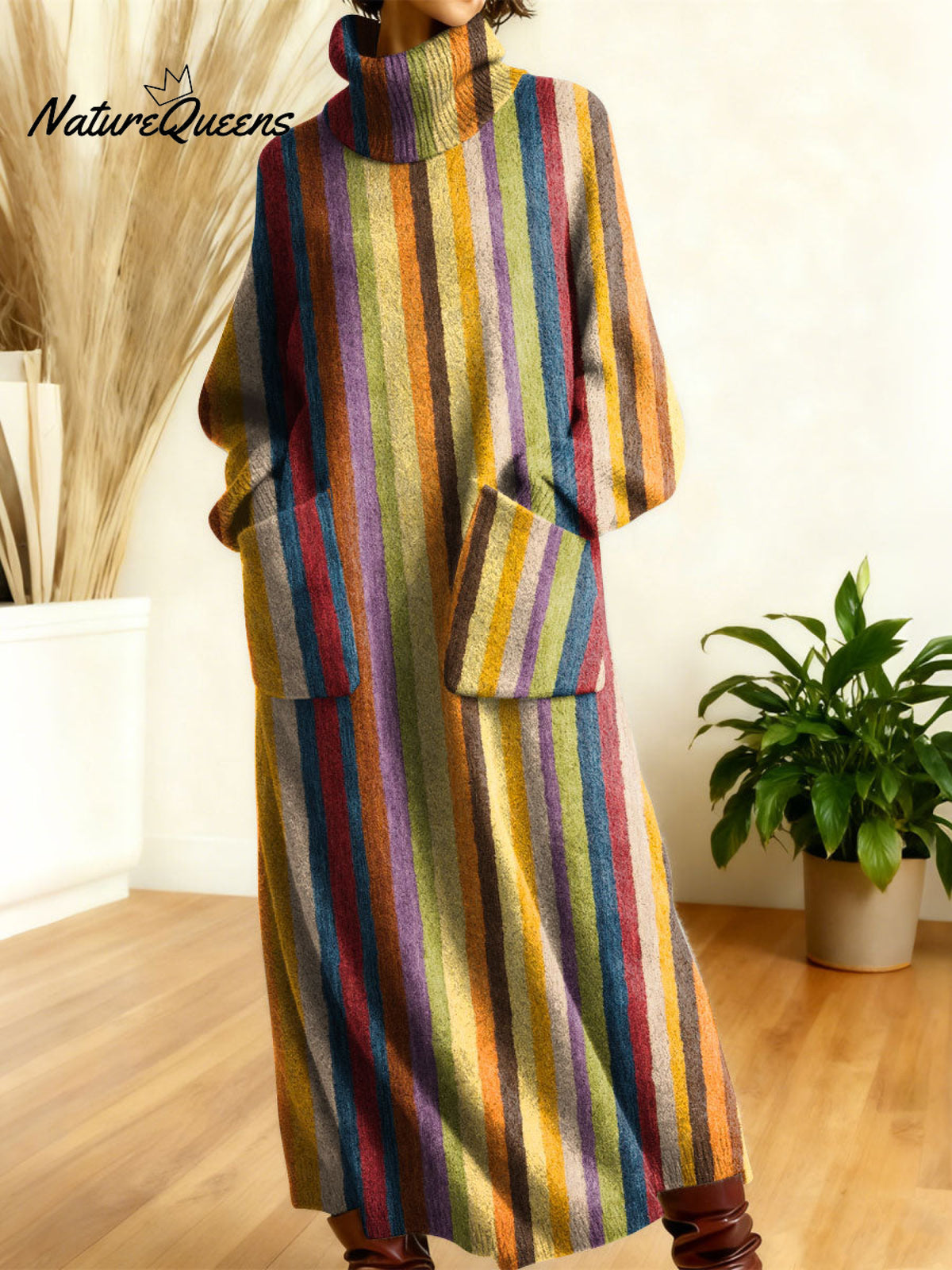 Women's Retro Colors And Plaid Patterns Art High-neck Long-sleeve Casual Loose Knit Dress