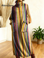 Women's Retro Colors And Plaid Patterns Art High-neck Long-sleeve Casual Loose Knit Dress