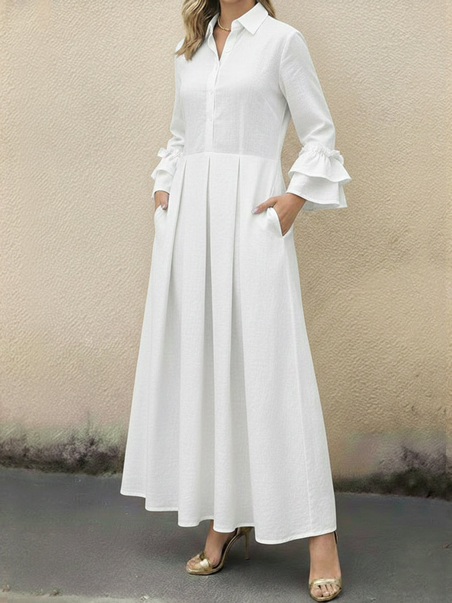 Women's Ruffled Sleeve Linen And Cotton Long Dress