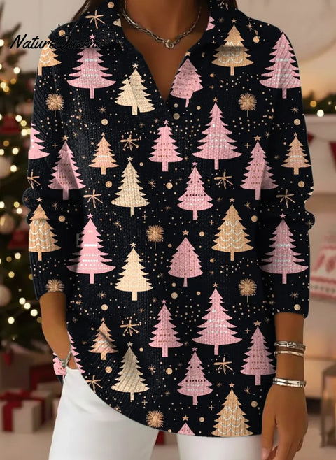 Women's Christmas Tree Pattern Art Print Casual Cotton Sweater