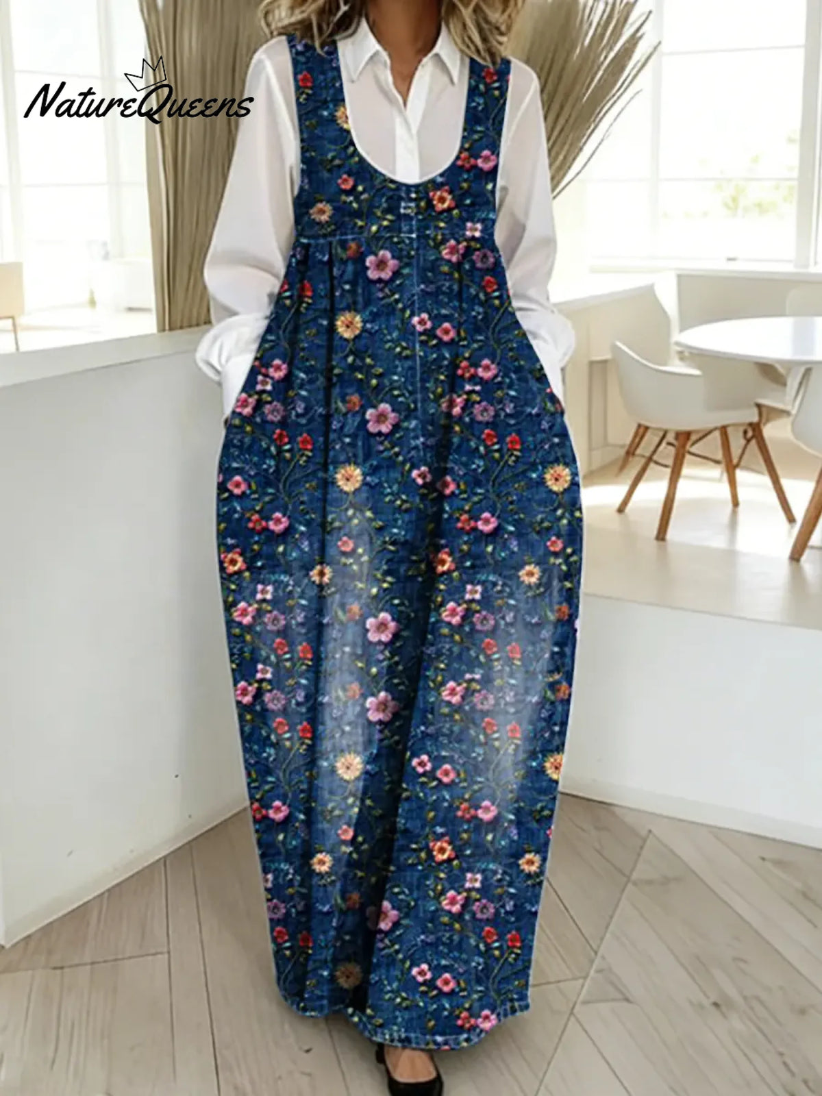 Women's Vintage Flower Pattern Art Print Casual Cotton Denim Dress