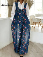 Women's Vintage Flower Pattern Art Print Casual Cotton Denim Dress