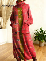 Women's Retro Splicing Colorful Flowers Pattern Art High-neck Long-sleeve Casual Loose Knit Dress