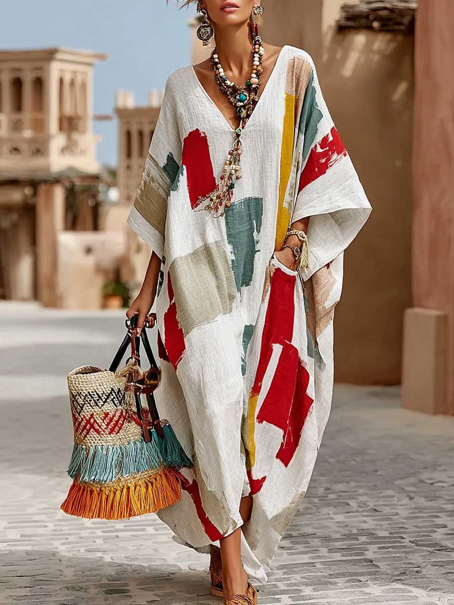 Women's Abstract Print V-Neck 3/4Sleeve Casual Loose Cotton-Linen Dress