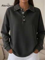 Casual Loose-fitting Polo Button-up Denim Sweatshirt