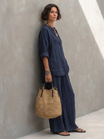 Women's Simple Navy Cotton-linen Set