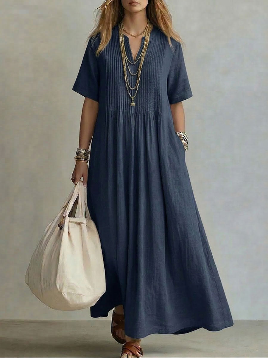 Women's V-neck Short-sleeve Casual Loose Pleated Cotton-linen Dress