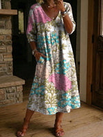 Women's Flower Print Casual Loose-fit Cotton-linen Dress With Lace Trim And Paneling