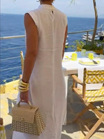 Women's Stylish Casual Elegant Resort Cotton Linen Front Slit Midi Top And Elastic Waist Loose Pants Set