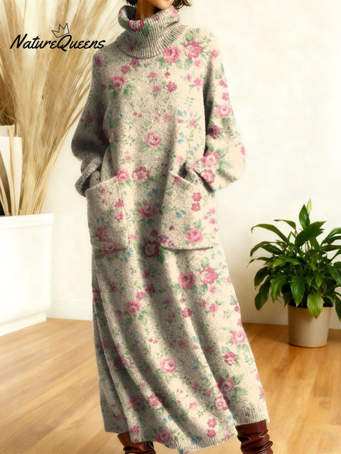 Women's Retro Flowers High-neck Long-sleeve Casual Loose Knit Dress