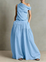 Women's Round Neck Sleeveless Casual Loose Top And High-waisted Casual Loose Wide-leg Pants Cotton And Linen Set