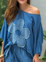 Casual Floral Off-the-shoulder Denim Cotton Top