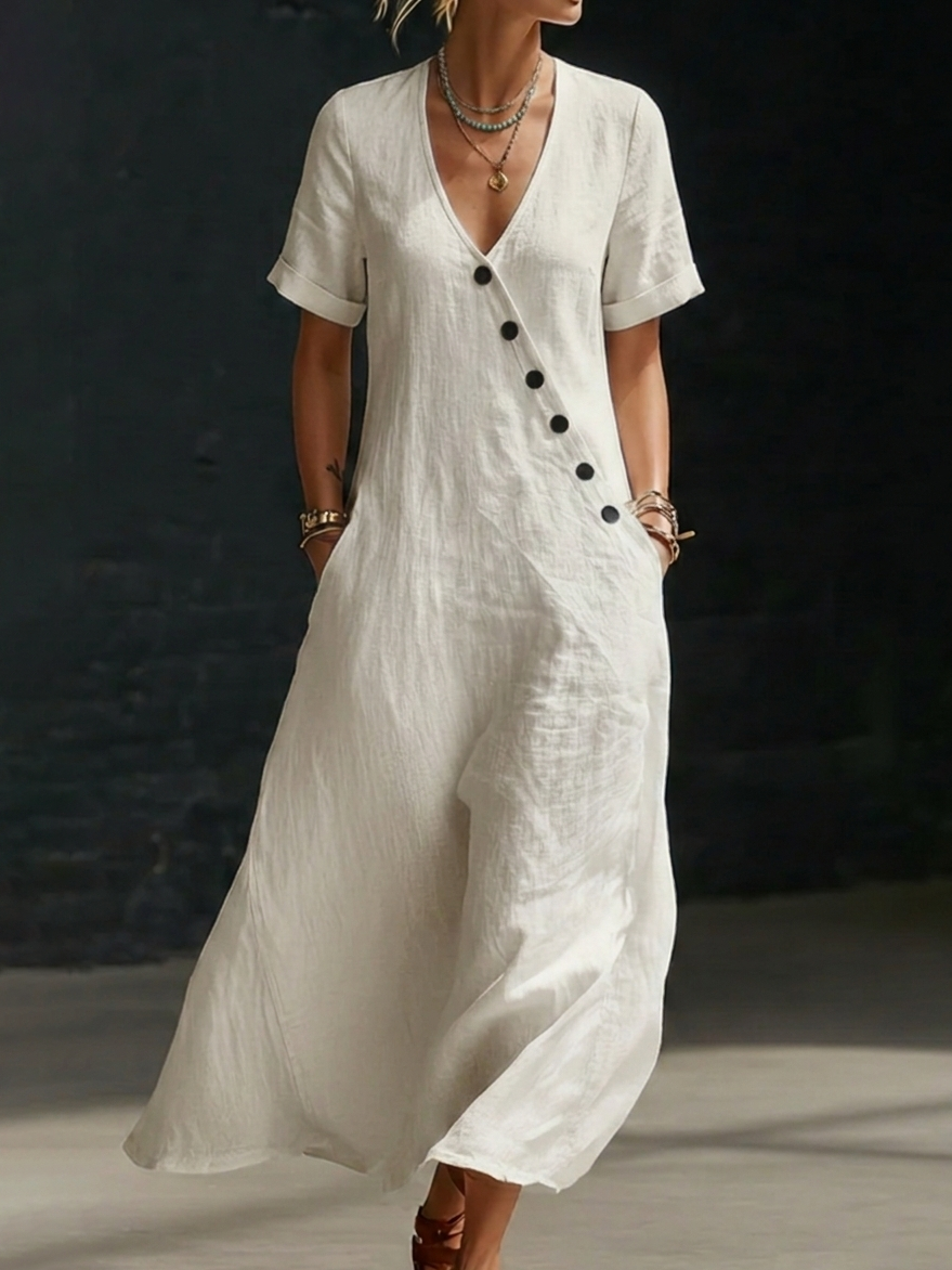 Cozy Minimalist Button-up Loose Linen Cotton Dress