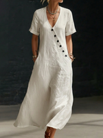 Cozy Minimalist Button-up Loose Linen Cotton Dress