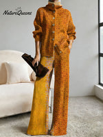 Women's Retro Abstract Geometric Colorful Splicing Patterns Art Print Casual Cotton Knitted Suits