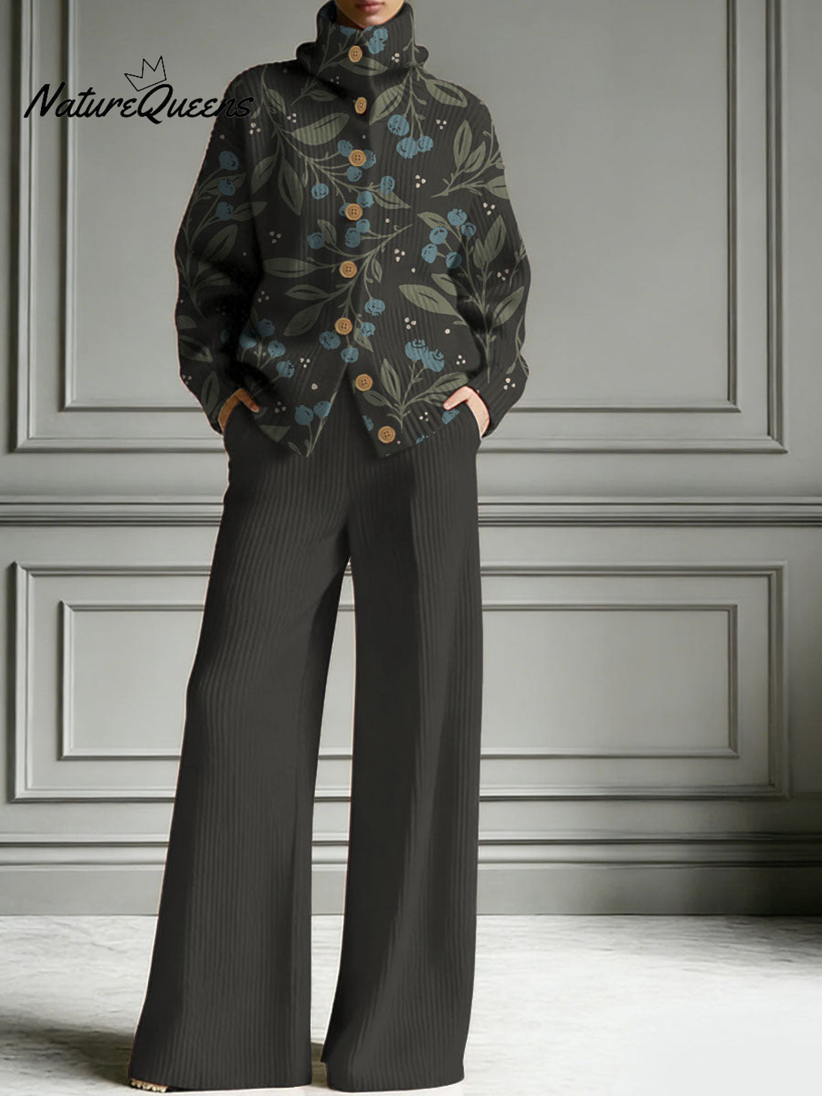 Floral Decorative Patterns Casual Stand Collar Long Sleeve Top And Elastic Waistband Pants
