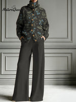 Floral Decorative Patterns Casual Stand Collar Long Sleeve Top And Elastic Waistband Pants