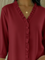 Casual Ruffled V-neck Cotton Top