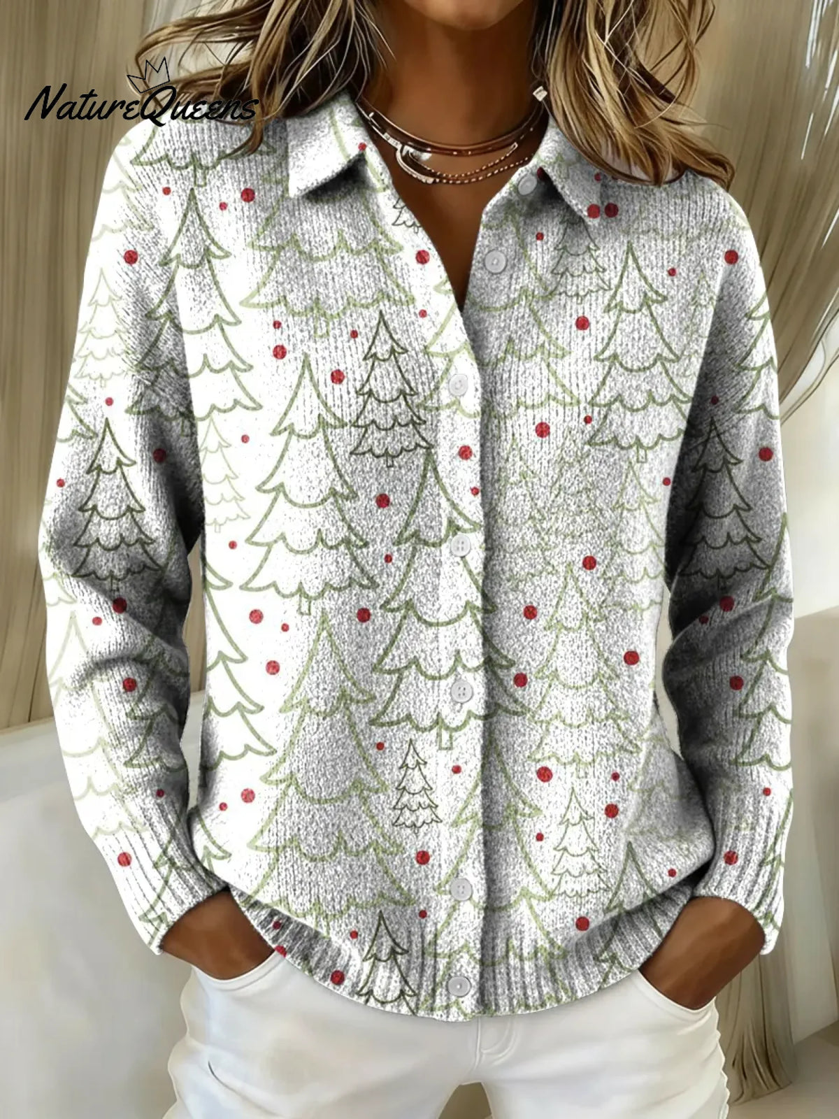 Women's Retro Striped Christmas Tree Printed Collared Sweater