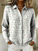 Women's Retro Striped Christmas Tree Printed Collared Sweater