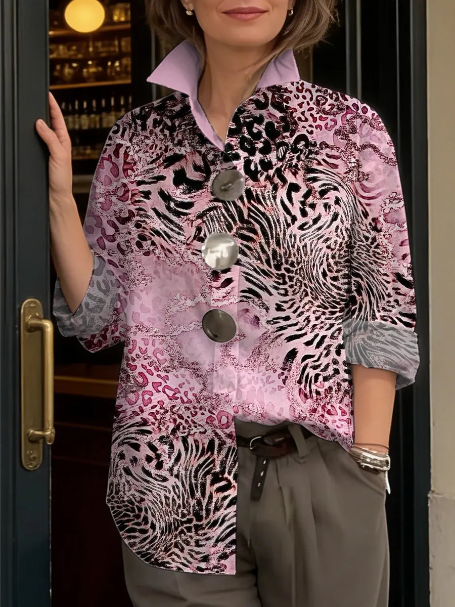 Women's Retro Leopard Pattern Art Print Casual Long Sleeve Cotton Shirt